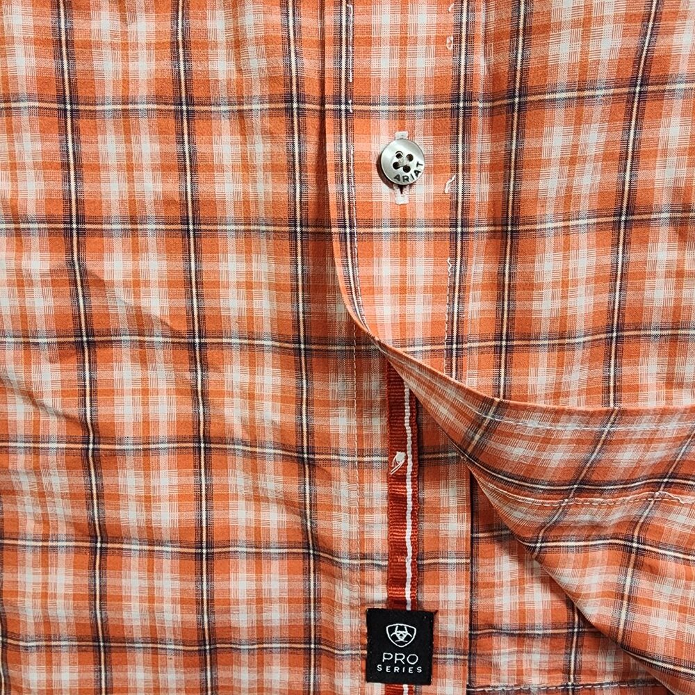 Ariat Pro Series Men's XLT Tall Orange and White Plaid L/S Western Country - Picture 2 of 11
